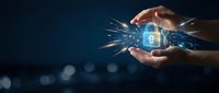Hands protecting glowing digital padlock with data particles on dark blue background, representing cybersecurity, data protection, and network safety for technology concepts.
