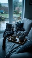 Cozy reading nook by rainy window with steaming tea, teapot, and blankets on comfortable seating. Perfect for relaxation, wellness, and lifestyle content.