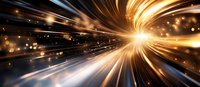 Abstract golden light rays bursting from center point with glowing particles and motion blur effect creating dynamic energy background for technology designs.