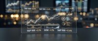 Financial data visualization with stock market charts and trading indicators displayed on transparent screen against blurred city lights background.