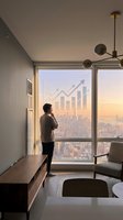 Young African American businessman standing by floor-to-ceiling windows overlooking city skyline with growth chart arrows, modern office interior at sunset.