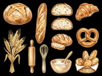 Assorted bakery items including artisan bread, croissant, baguette, pretzel, wheat stalks, rolling pin, whisk, and mixing bowl isolated on transparent background. Ready for t-shirt design, clipart, stickers, print-on-demand, and sublimation projects.