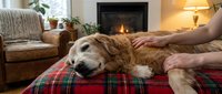 Golden retriever dog resting on plaid blanket by fireplace in cozy living room with owner petting. Warm home interior for pet care and companionship.