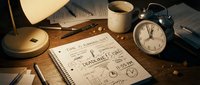 Time management planning with notebook, alarm clock, and desk lamp on wooden workspace for productivity and organization.