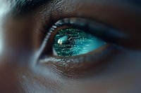Close up macro shot of dark-skinned person eye with digital circuit reflection, representing artificial intelligence, machine learning and future technology concept.