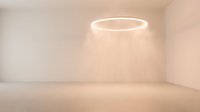 Empty room with warm glowing circular neon light fixture on ceiling casting rays downward, minimalist interior design space for product display or commercial backdrop.