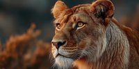 Majestic lioness portrait with golden fur and intense amber eyes gazing into distance during golden hour light for wildlife photography and nature content.