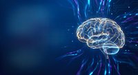 Digital brain with glowing neural networks and data streams on blue background for artificial intelligence and technology concepts.