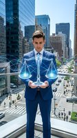 Young Caucasian businessman in blue suit holding glowing digital scales of justice hologram in modern city downtown with skyscrapers background for legal technology.