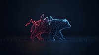 Futuristic low poly bear silhouette with stock market chart overlay in red and blue neon colors on dark background, representing financial market trends and trading concept.