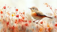 Small bird perched among delicate coral and peach wildflowers against soft watercolor background, creating serene natural garden scene with gentle morning light.