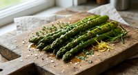 Fresh green asparagus spears with herbs and lemon zest on rustic wooden cutting board. Healthy organic vegetable cooking ingredient for spring recipes.
