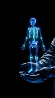 Glowing blue holographic human skeleton floating above cupped hands against black background for medical education and healthcare technology concepts.