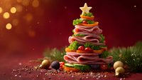 Creative Christmas tree made from stacked deli meats, cheese and vegetables with star topper on festive background with ornaments and pine branches.