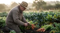 Elderly Caucasian male farmer harvesting fresh carrots in a lush vegetable garden at golden hour, wearing a straw hat and work clothes.