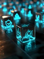 Glowing blue neon icons on translucent cubes against dark surface create futuristic tech atmosphere, suitable for digital transformation and innovation concepts.