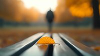 Solitary autumn leaf on wooden bench with blurred silhouette of person walking in golden sunset park background creates peaceful contemplative mood.