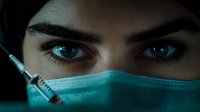 Close-up of intense blue eyes above surgical mask with syringe in foreground, creating dramatic medical atmosphere for healthcare and vaccination concepts.