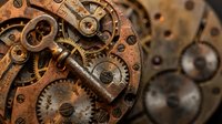 Antique brass key resting on vintage clockwork gears, steampunk mechanical detail with rusty bronze tones for retro design projects.