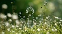 Whimsical line drawing of boy overlaid on dreamy meadow photograph with white wildflowers and soft bokeh background creates magical childhood atmosphere.