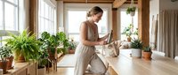 Young Caucasian woman in casual linen outfit using tablet while packing eco bag in bright boho home interior with green plants.