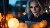 Young blonde businesswoman working on laptop in modern office with warm bokeh lights creating cozy evening atmosphere for productivity and focus.