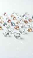 Sparkling gemstones and crystals scattered on white surface with rainbow reflections creating luxury jewelry and precious stone collection display.