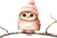 Adorable baby owl wearing pink knitted hat with pompom perched on snowy branch in winter, cute forest animal character for children's illustrations.