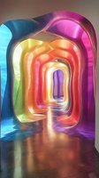 Vibrant neon tunnel with glowing rounded rectangular shapes in rainbow colors including blue, pink, yellow, orange, and purple creating depth and modern aesthetic for design projects.