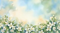 Watercolor spring border with white flowers and green leaves on soft pastel background for greeting cards, invitations and seasonal designs.