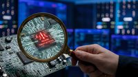 Cybersecurity expert analyzing malware through magnifying glass in high-tech control room with digital screens and security monitoring systems.