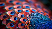 Vibrant peacock feather macro showing detailed eye pattern in orange, coral and electric blue colors with natural iridescent texture and intricate arrangement.