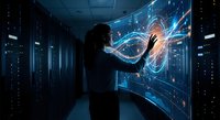 Woman interacting with holographic data visualization in futuristic server room with glowing blue digital interfaces and network connections.