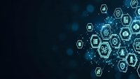 Cybersecurity network with hexagonal icons showing digital protection symbols on dark blue technology background for business presentations.
