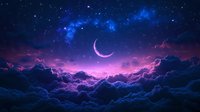 Mystical night sky with glowing crescent moon among vibrant purple and blue clouds, illuminated by starlight and cosmic nebula creating dreamy atmosphere.