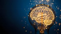 Glowing golden brain with neural connections and sparkling particles on dark blue background for medical education, neuroscience research and mental health concepts.