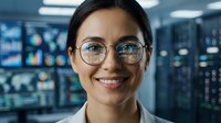 Professional Hispanic female data analyst wearing glasses smiling in modern server room with computer monitors displaying charts and analytics dashboards.