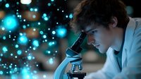 Young male scientist in lab coat looking through microscope with glowing blue bokeh lights creating futuristic atmosphere in research laboratory setting.