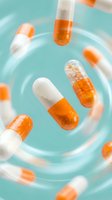 Orange and white pharmaceutical capsules floating in swirling turquoise water creating dynamic motion blur effect for medical healthcare concepts.