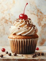 Delicious vanilla cupcake with swirled cream frosting topped with red cherry and chocolate sprinkles on rustic background for bakery dessert menu designs.