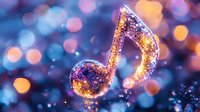 Glowing musical note with sparkles and bokeh lights against blurred blue and orange background creates magical atmosphere for music-related designs.