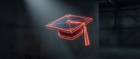 Red neon graduation cap glowing against dark background. Academic achievement symbol for educational content, diplomas, university promotions and student success materials.