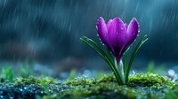 Purple crocus flower blooming in spring rain, water droplets on petals against dark blue background, symbolizing renewal and hope in garden setting.