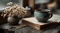 Cozy autumn morning scene with steaming coffee cup on vintage book beside dried flowers in rustic vase on weathered wooden table creating warm atmosphere.