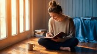 Young woman reading book while sitting cross-legged on floor in cozy sunlit room with coffee cup and warm morning light streaming through windows.