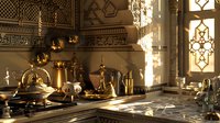 Traditional oriental kitchen interior with golden utensils, teapots and serving dishes illuminated by warm sunlight through decorative Islamic window pattern, perfect for hospitality or culture themes