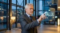 Senior Caucasian businessman in suit touching glowing VALUE text in modern office with city skyline background at evening.