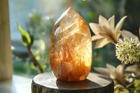 Golden rutilated quartz crystal point on wooden base with soft natural lighting and floral background creates serene spiritual atmosphere.