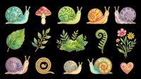 Cute snail clipart set with mushroom, leaves, fern, flowers, and heart, isolated on transparent background. Great for stickers, t-shirt design, and print on demand.