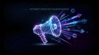 Digital megaphone with glowing neon effects broadcasting targeted advertising symbols and icons on dark background for marketing campaigns.